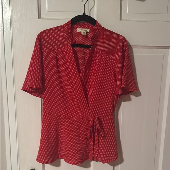 Monteau Tops - Monteau Women's Red with White Polka Dot Short Sleeve Shirt Size Medium
